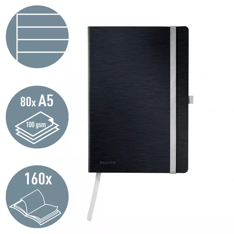 Leitz Style Notizbuch A5 liniert mit Softcover, Monochromatisch, Schwarz, A5, 80 Blatt, 100 g/m², Liniertes Papier