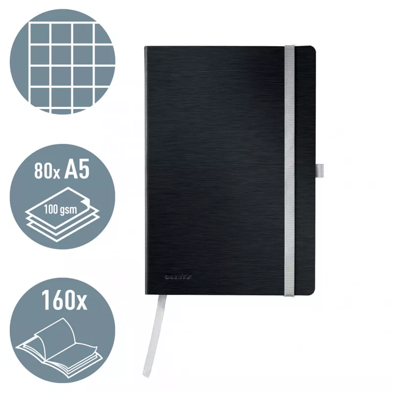 Leitz Style Notizbuch A5 kariert mit Softcover, Monochromatic, Schwarz, A5, 80 Blatt, 100 g/m², kariertes Papier
