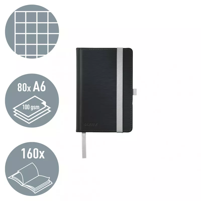 Leitz Style Notizbuch A6 kariert mit Hardcover, Monochromatisch, Schwarz, A6, 80 Blatt, 100 g/m², Kariertes Papier