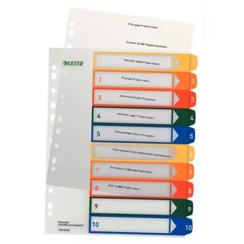 LEITZ Kunststoff-Register, Zahlen, A4 Extrabreit, 1-10, PC-beschreibbar, transparent mit farbigen Tabs, PP, 10-teilig (1293-00-00)