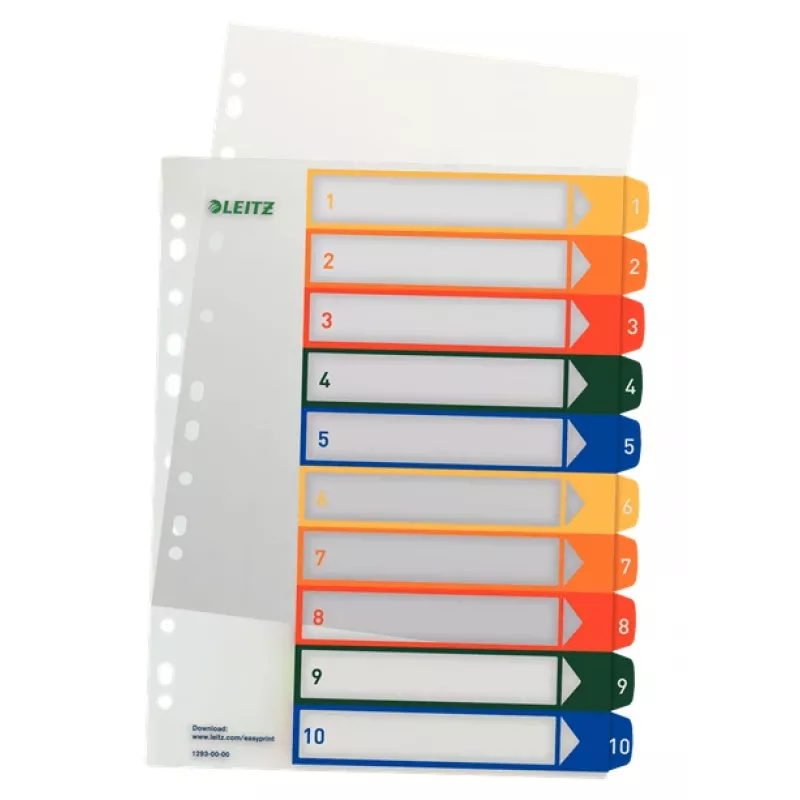 LEITZ Kunststoff-Register, Zahlen, A4 Extrabreit, 1-10, PC-beschreibbar, transparent mit farbigen Tabs, PP, 10-teilig (1293-00-00)