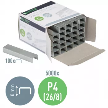 Leitz Heftklammern Power Performance P4 26/8 Box mit 5000 Stück, Heftklammernpäckchen, 26/8, 8 mm, 100 Heftklammern, Befestigung, 26/8