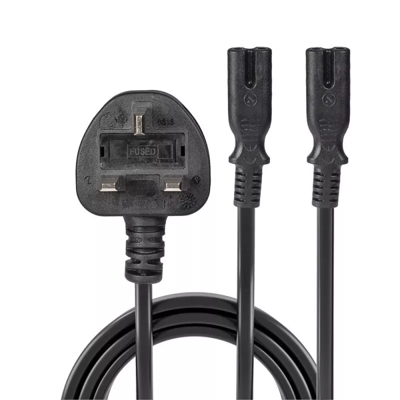 Lindy 2,5 m UK-Stecker Typ G auf 2x IEC C7 Splitter-Verlängerungskabel, Schwarz