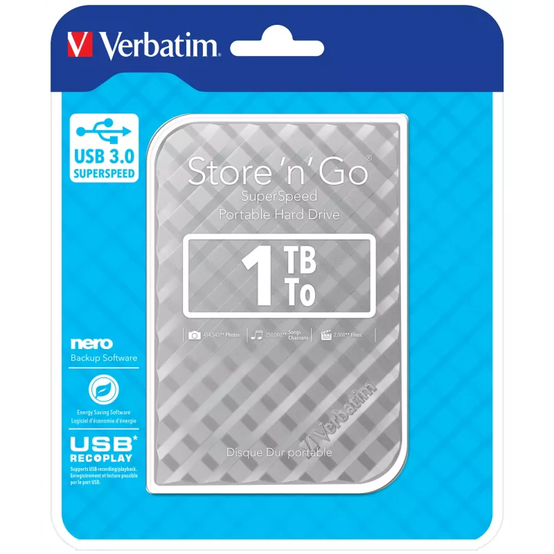 Verbatim Store 'n' Go USB 3.0 Festplatte 1 TB Silber, 1 TB, 3.2 Gen 1 (3.1 Gen 1), 5400 RPM, Silver