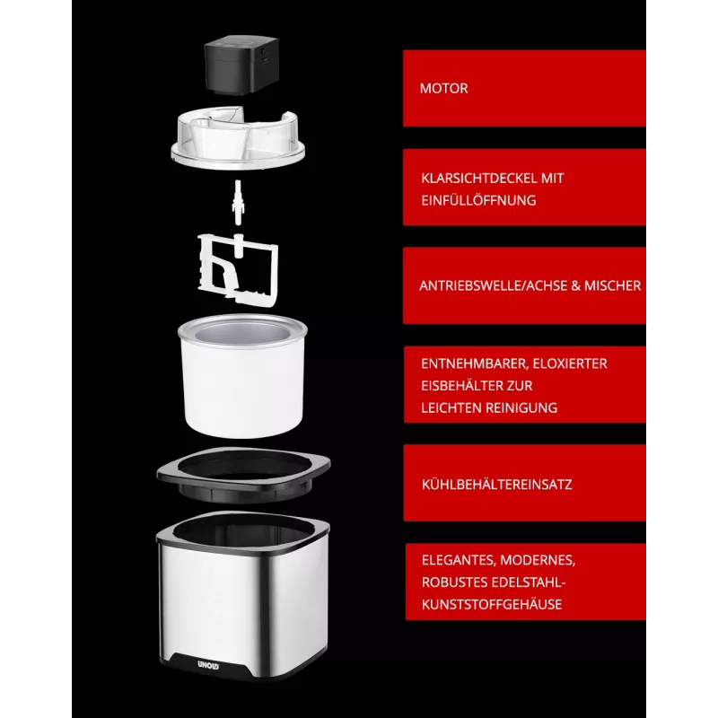 Unold Eismaschine Gelato 1,5 L, Traditionelle Eismaschine, 1,5 L, 1 Schüsseln, Schwarz, Edelstahl, 30 min, LCD
