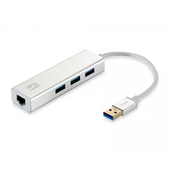 LevelOne Gigabit USB Netzwerkadapter, USB Hub, Kabelgebunden, USB, Ethernet, 1000 Mbit/s, Silber, Weiß