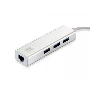 LevelOne Gigabit USB Netzwerkadapter, USB Hub, Kabelgebunden, USB, Ethernet, 1000 Mbit/s, Silber, Weiß