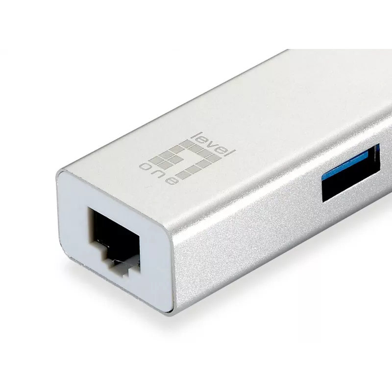 LevelOne Gigabit USB Netzwerkadapter, USB Hub, Kabelgebunden, USB, Ethernet, 1000 Mbit/s, Silber, Weiß