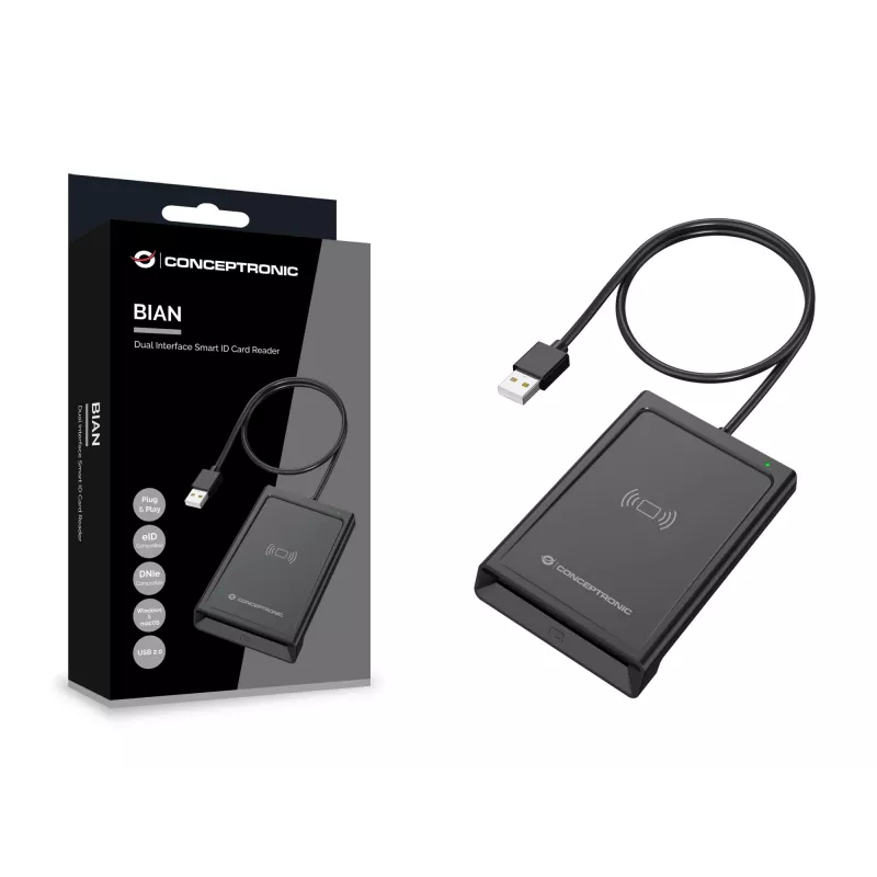 Conceptronic BIAN11B Dual-Interface Smart-ID-Kartenleser, USB 2.0, Near Field Communication (NFC), 1 m, Schwarz, 100 g