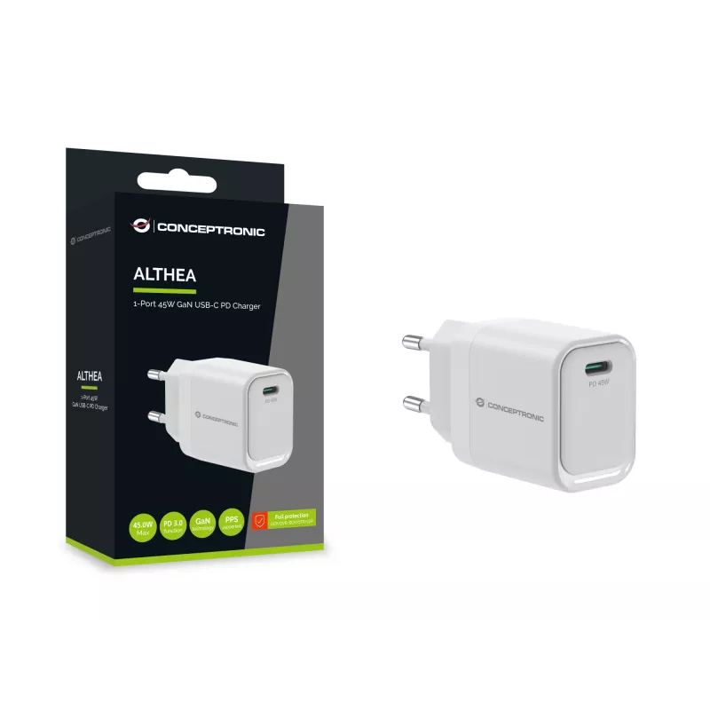 CONCEPTRONIC ALTHEA19W45 1-Port 45W GaN USB-C PD Ladegerät mit PPS, PD 3.0, 100–240V, Weiß