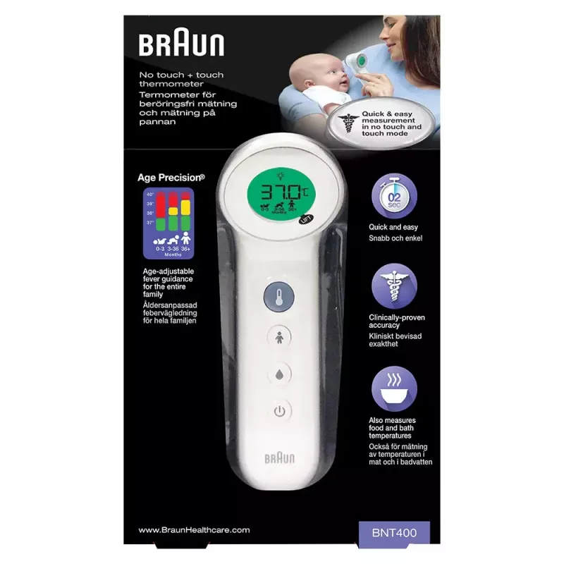 Digitales Stirnthermometer BRAUN BNT400 — Fernmessung, Bereich 34–43 °C, Genauigkeit 0,1 °C, weiß