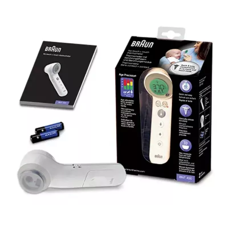 Digitales Stirnthermometer BRAUN BNT400 — Fernmessung, Bereich 34–43 °C, Genauigkeit 0,1 °C, weiß
