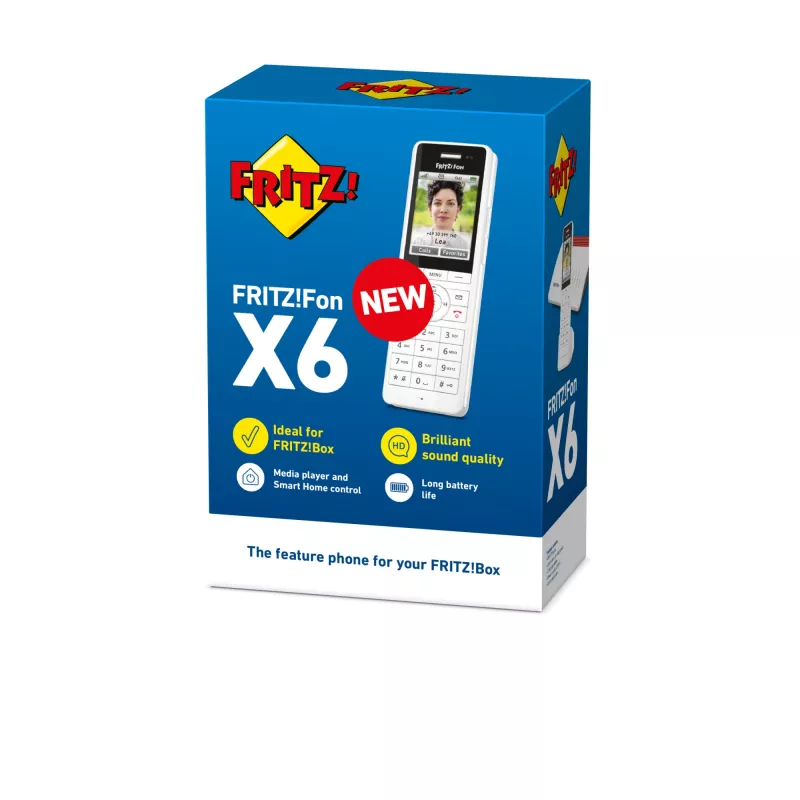 DECT-Schnurlostelefon FRITZ X6 Weiß International — Freisprecheinrichtung, Anrufbeantworter, 100-Einträge-Telefonbuch