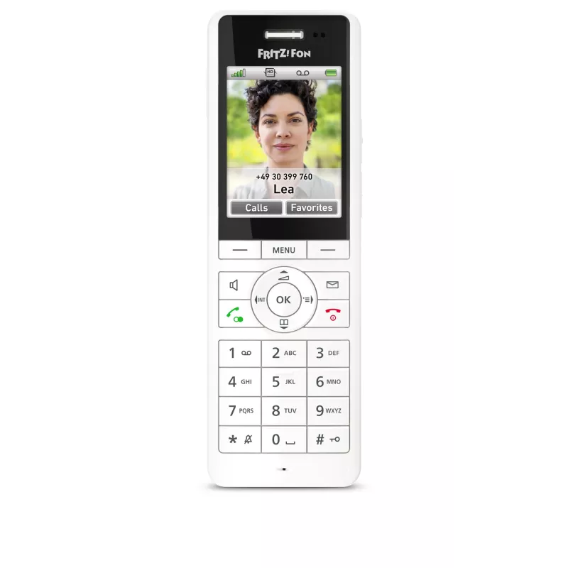 DECT-Schnurlostelefon FRITZ X6 Weiß International — Freisprecheinrichtung, Anrufbeantworter, 100-Einträge-Telefonbuch