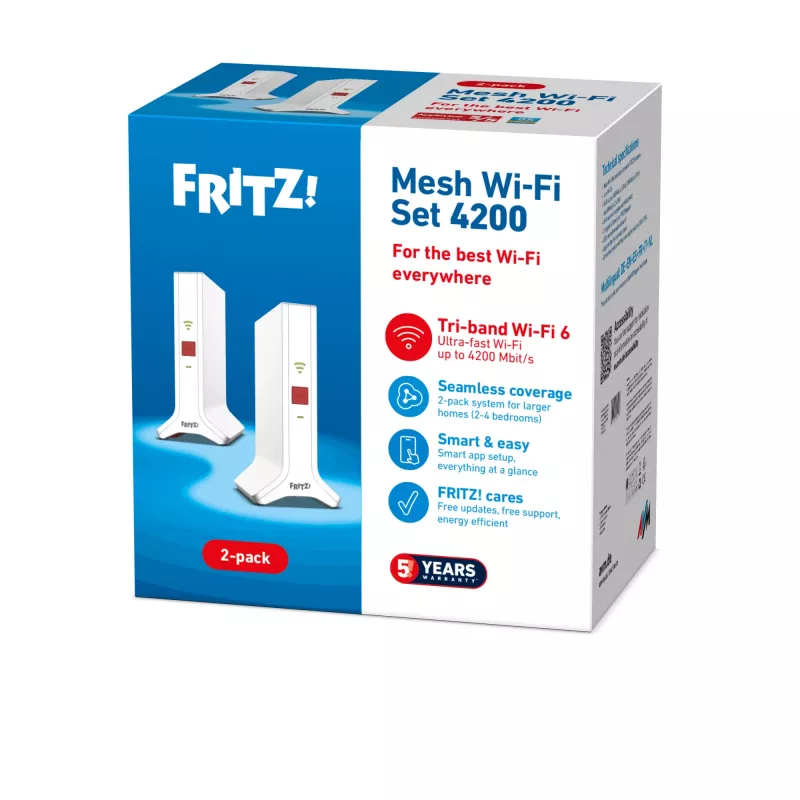 Mesh Set FRITZ 4200 2-Packung Edition International Dual-Band (2,4 GHz / 5 GHz) Wi-Fi 6 (802.11ax) Rot, Weiß 2x2/4x4