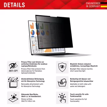 Displex PRIVACY SAFE abnehmbarer 2-Wege-Sichtschutzfilter für Laptop/Notebook (randlos/frameless) 16'' (16:10)