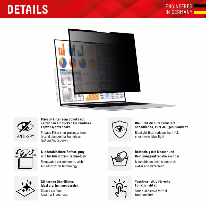 Displex PRIVACY SAFE abnehmbarer 2-Wege-Sichtschutzfilter für Laptop/Notebook (randlos/frameless) 16'' (16:10)