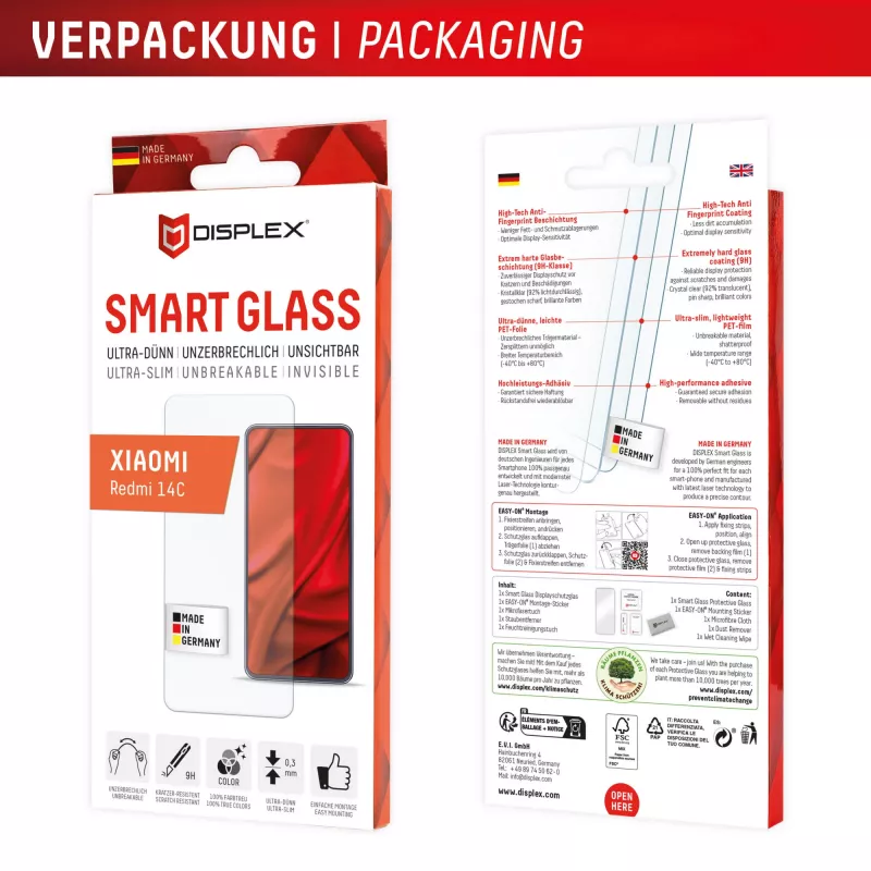 Displex Smart Glass (9H) für Xiaomi Redmi 14C, Montageaufkleber, unzerbrechlich