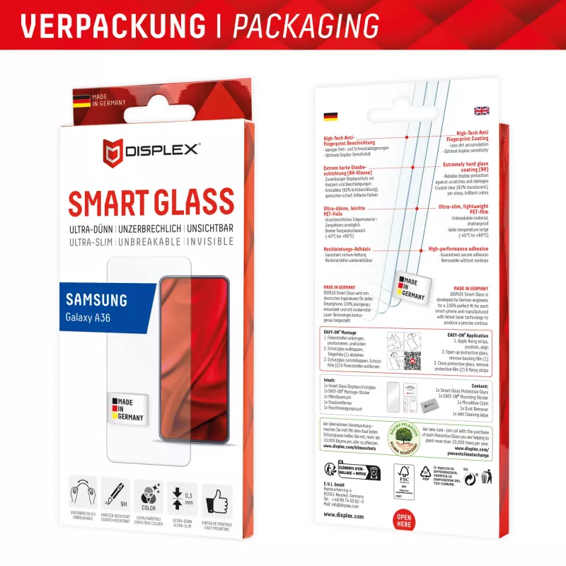 Displex Smart Glass (9H) für Samsung Galaxy A36, Montagesticker, unzerbrechlich