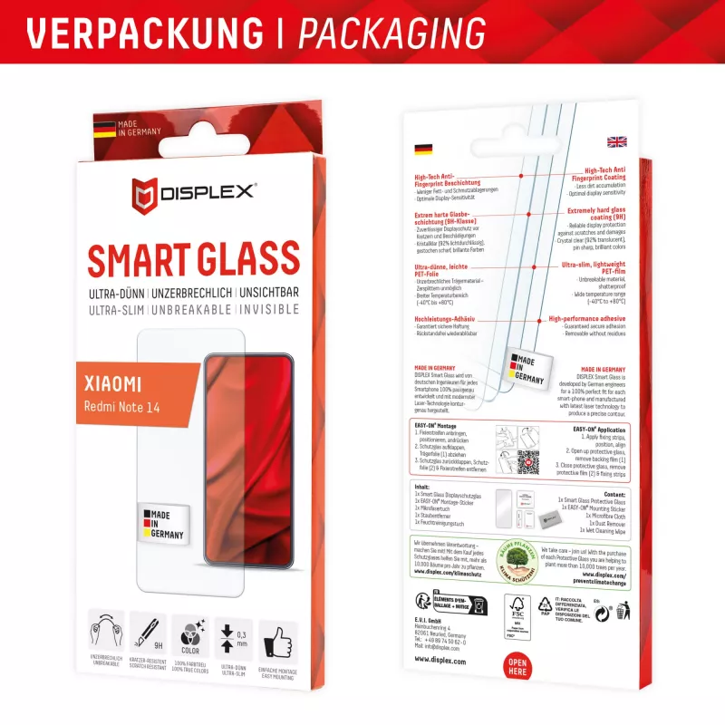 Displex Smart Glass (9H) für Xiaomi Redmi Note 14, Montageaufkleber, unzerbrechlich