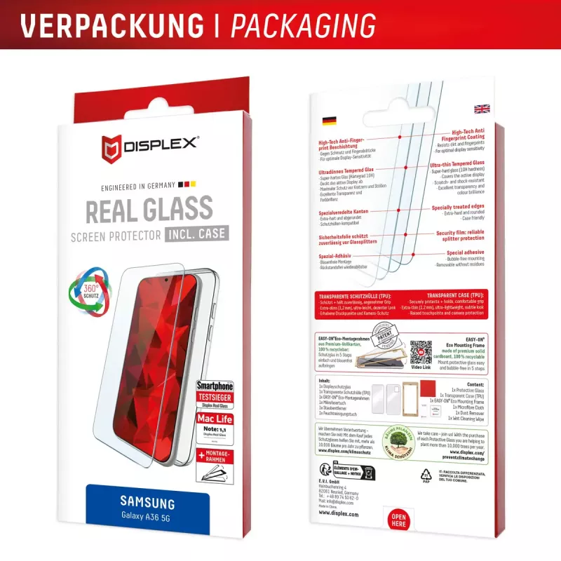 Tempered Glass Screen Protector + Case für Samsung Galaxy A36 von e.v.i., Eco Montagerahmen, kratzfest, transparent