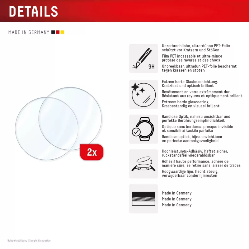 Displayschutzfolie e.v.i. Displex 9H Glas für Galaxy Watch 8 40 mm, 2er-Pack, ultradünn, randlos, Anti-Fingerabdruck