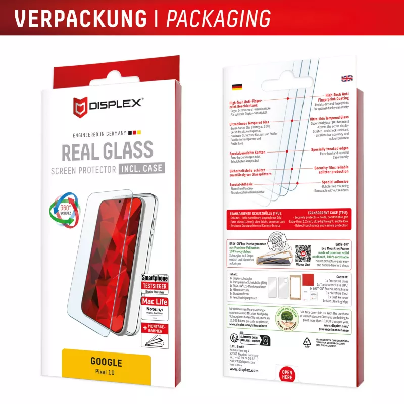 Tempered Glass Screen Protector mit Case for Google Pixel 10 by e.v.i. (DISPLEX Real Glass + Case)