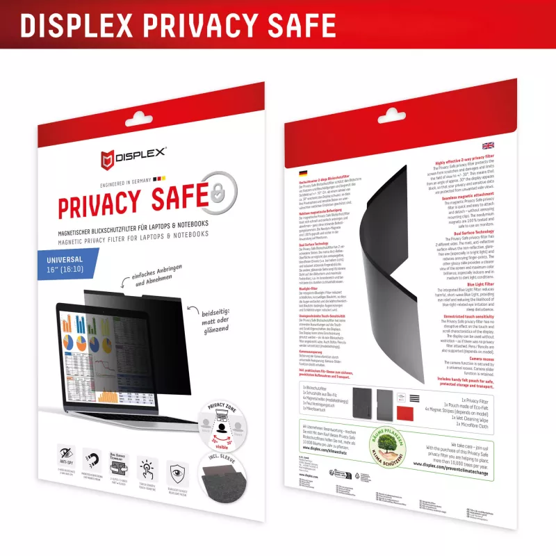 Blickschutzfilter e.v.i. Displex PRIVACY SAFE magnetisch 2-Wege für 16 Zoll (16:10) Laptop / Notebook, rahmenlos, glänzend/matt, 3H