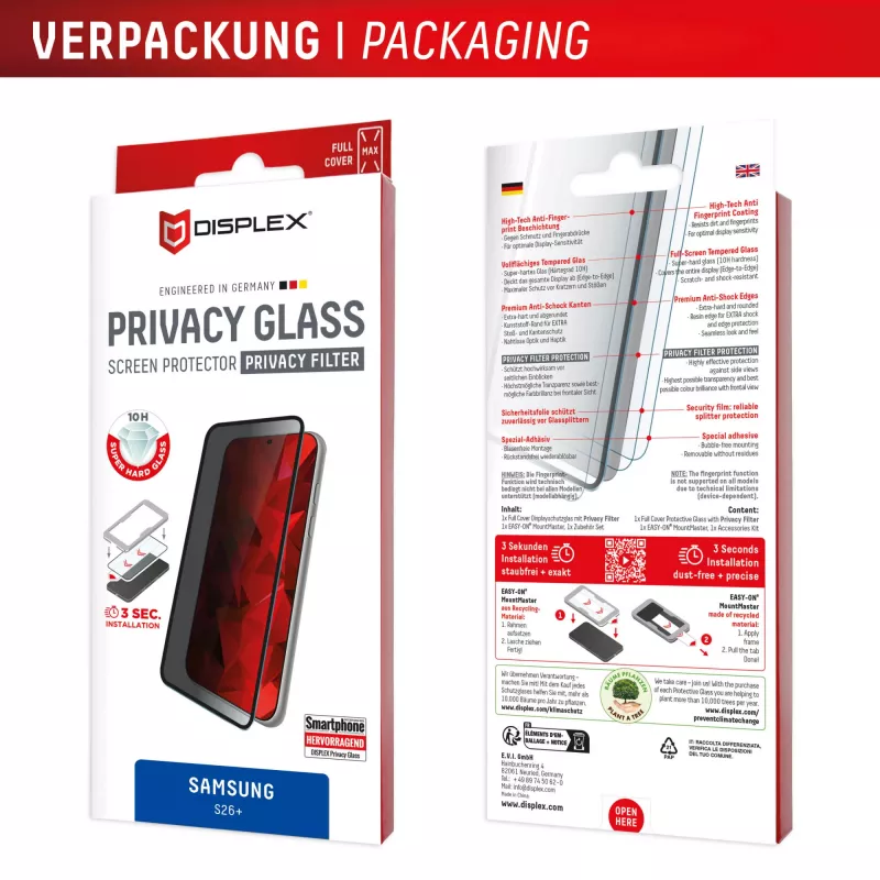 Displex Privacy Screen Protector (10H) für Samsung S26+, Privacy Filter