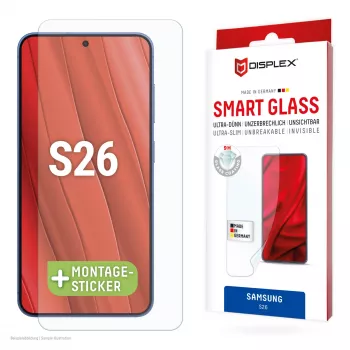 Displex Smart Glass (9H) für Samsung S26, unzerbrechlich, Samsung, Galaxy S26, Trockenanbringung, Bruchfest, Schmutzabweisend, Kratzfest, Transparent, 1 Stück