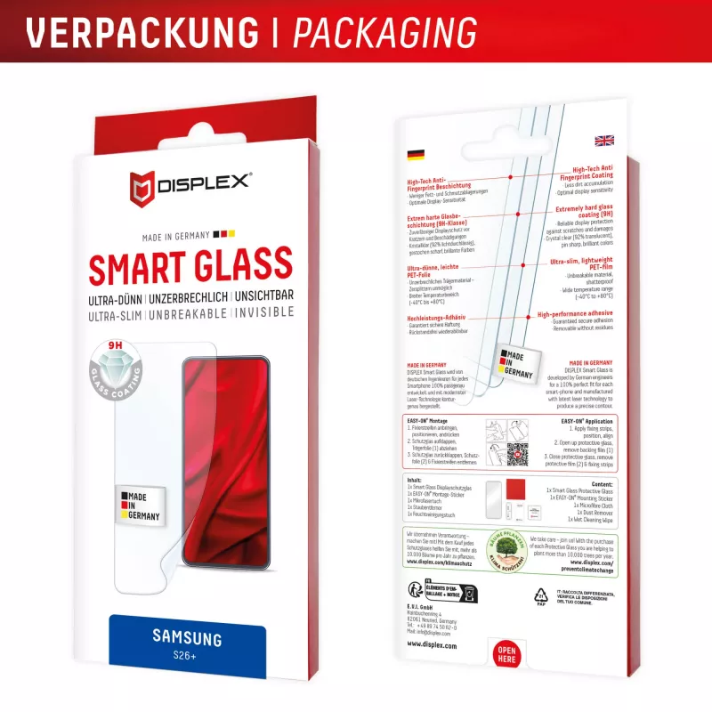 Tempered Smart Glass Displayschutz e.v.i. für Samsung Galaxy S26+ (9H), transparent, Trockenmontage, 1 Stück