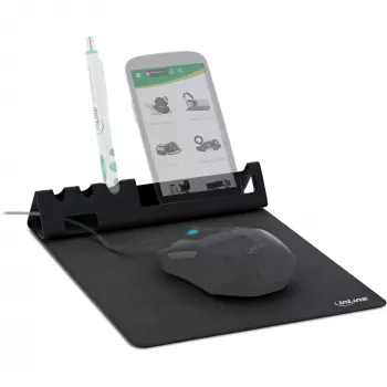 Mauspad InLine 55261 — multifunktionale Gummiunterlage mit Smartphone- und Stifthalter, 250×? mm, schwarz
