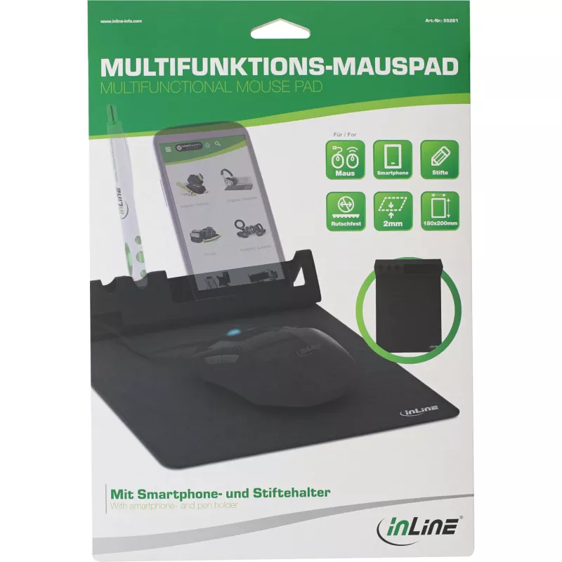 Mauspad InLine 55261 — multifunktionale Gummiunterlage mit Smartphone- und Stifthalter, 250×? mm, schwarz