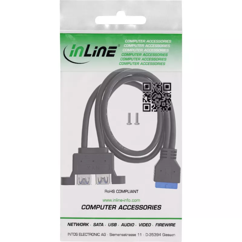 InLine 33390K Internes USB 3.2 Gen 1 Kabel, Mainboard auf 2x USB-A Buchse, 0,45m