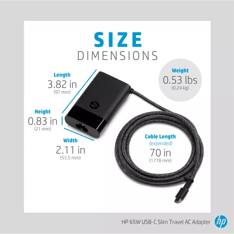 HP 65W USB-C schlank Travel-Netzteil, Laptop, Universal, 90 V, 47 - 63 Hz, 65 W, 20 V