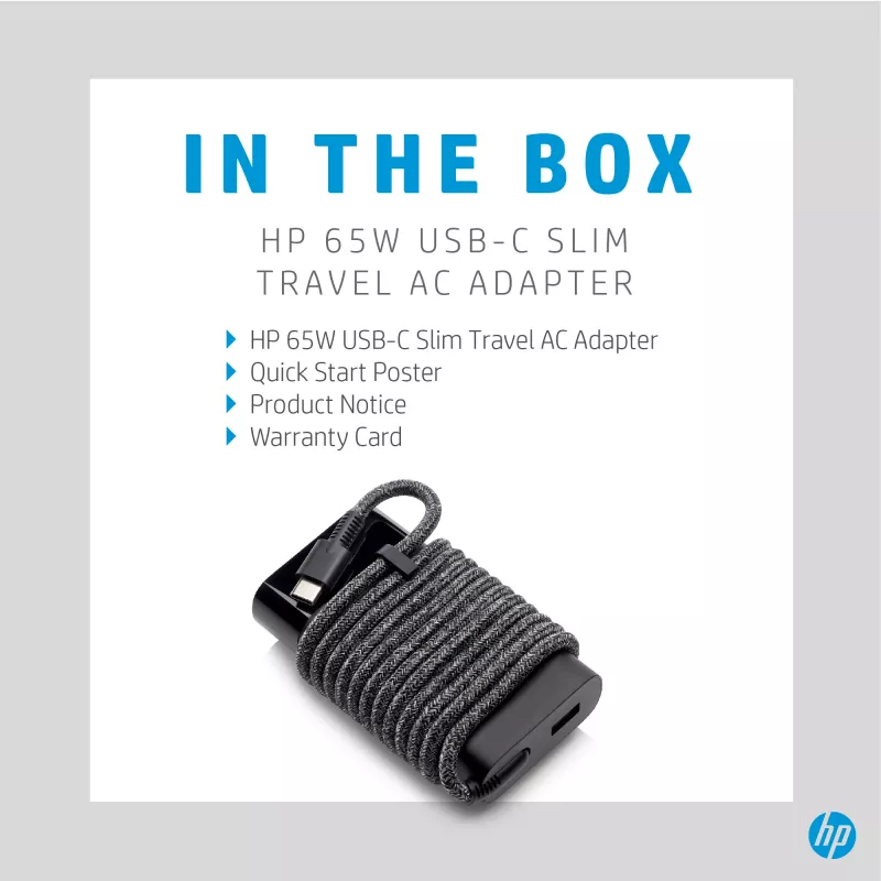 HP 65W USB-C schlank Travel-Netzteil, Laptop, Universal, 90 V, 47 - 63 Hz, 65 W, 20 V