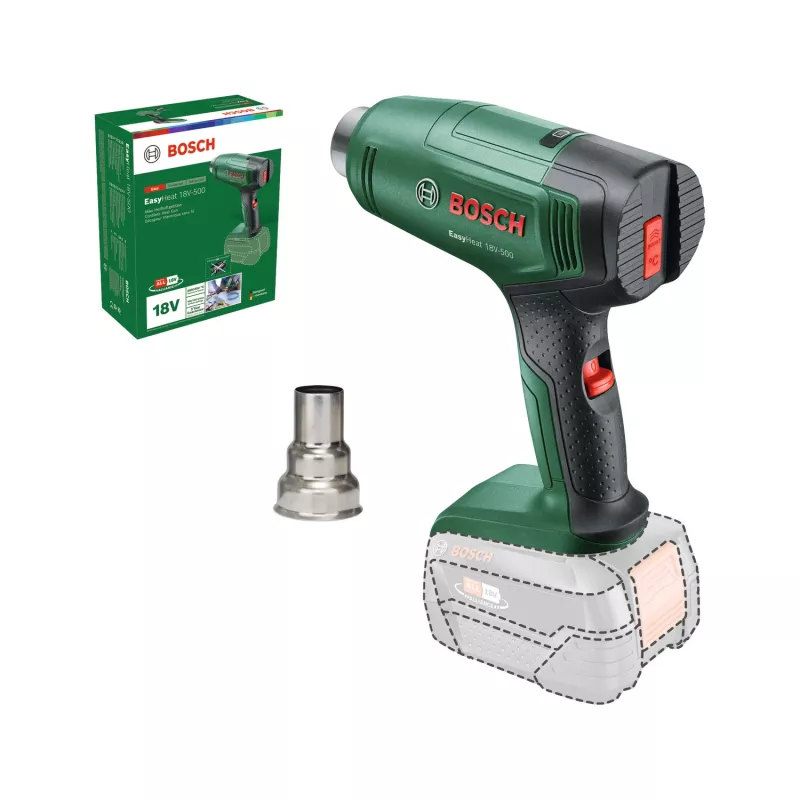 Heißluftpistole Bosch EasyHeat 18V-500 — kabellos, 72 W, 4-Ah-Akku, 350–450 °C, Pistolengriff, grün