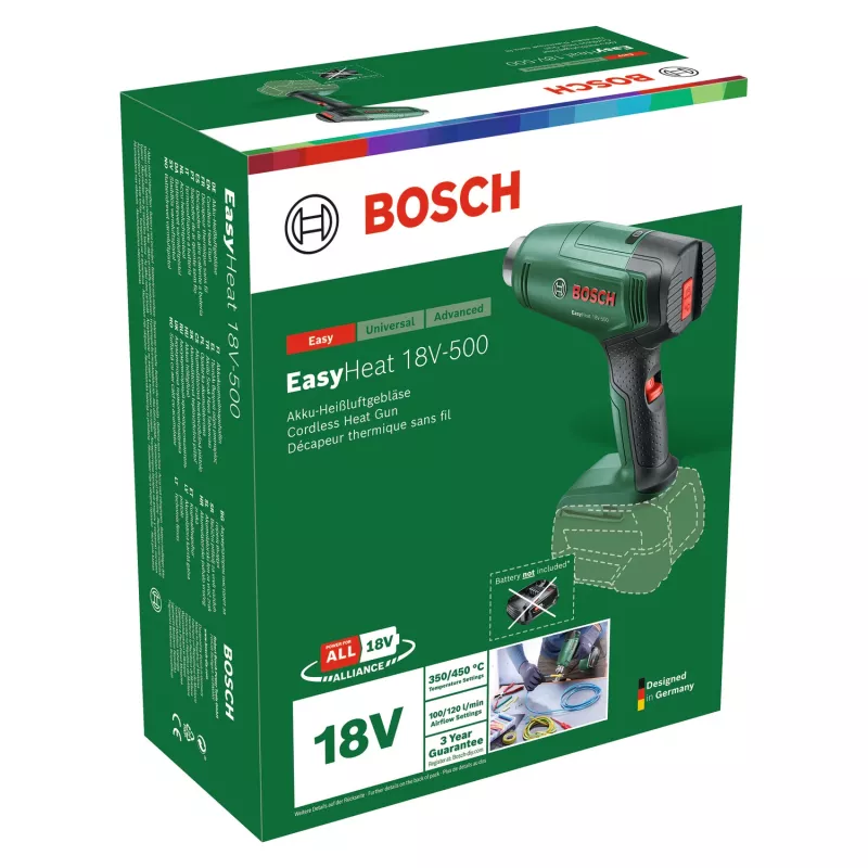 Heißluftpistole Bosch EasyHeat 18V-500 — kabellos, 72 W, 4-Ah-Akku, 350–450 °C, Pistolengriff, grün