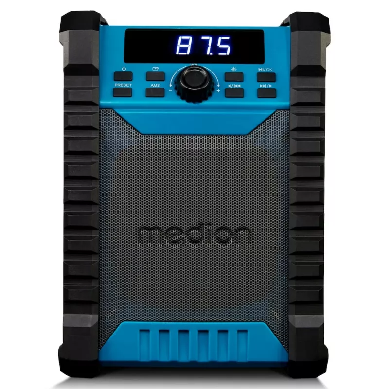 Tragbares Digitalradio MEDION LIFE E65895 (MD 43895) — PLL-Tuner, 10 W RMS, LCD, Bluetooth 10 m, IP54, externe Antenne, schwarz/blau