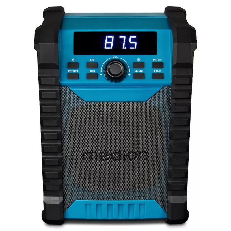 Tragbares Digitalradio MEDION LIFE E65895 (MD 43895) — PLL-Tuner, 10 W RMS, LCD, Bluetooth 10 m, IP54, externe Antenne, schwarz/blau