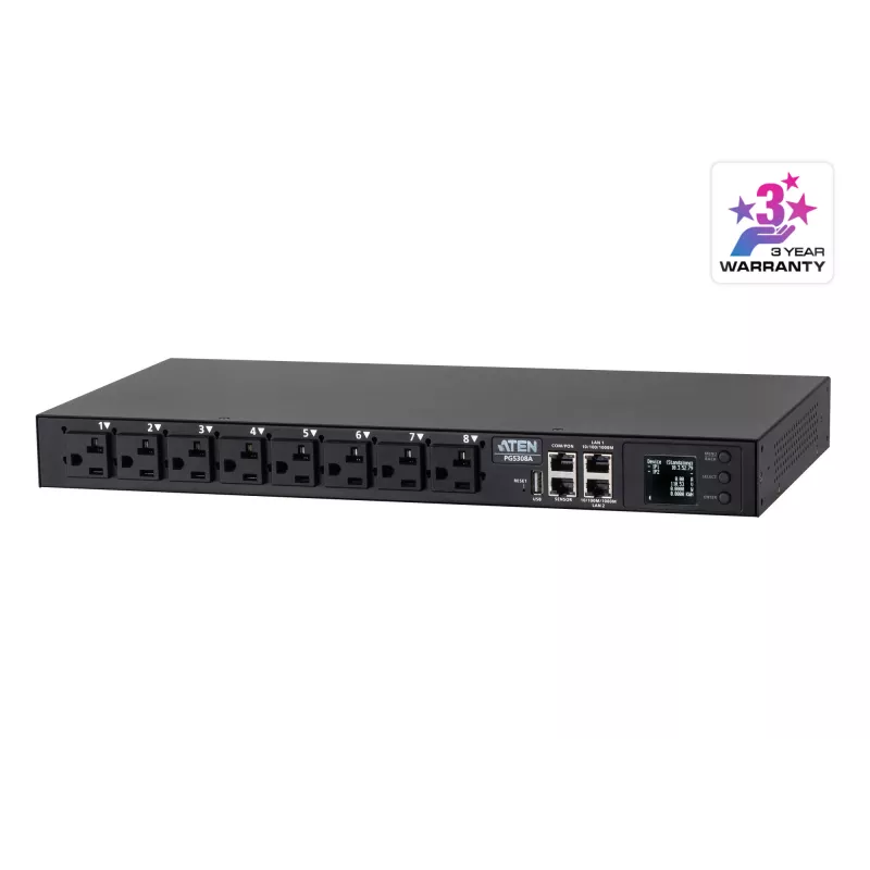 ATEN 32A 8-fach 1HE Metered eco PDU, Metered, 1HE, Schwarz, LCD, 8 AC-Ausgänge, C13-Kupplung, C19-Kupplung