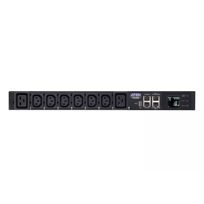 ATEN 32A 8-fach 1HE Metered eco PDU, Metered, 1HE, Schwarz, LCD, 8 AC-Ausgänge, C13-Kupplung, C19-Kupplung