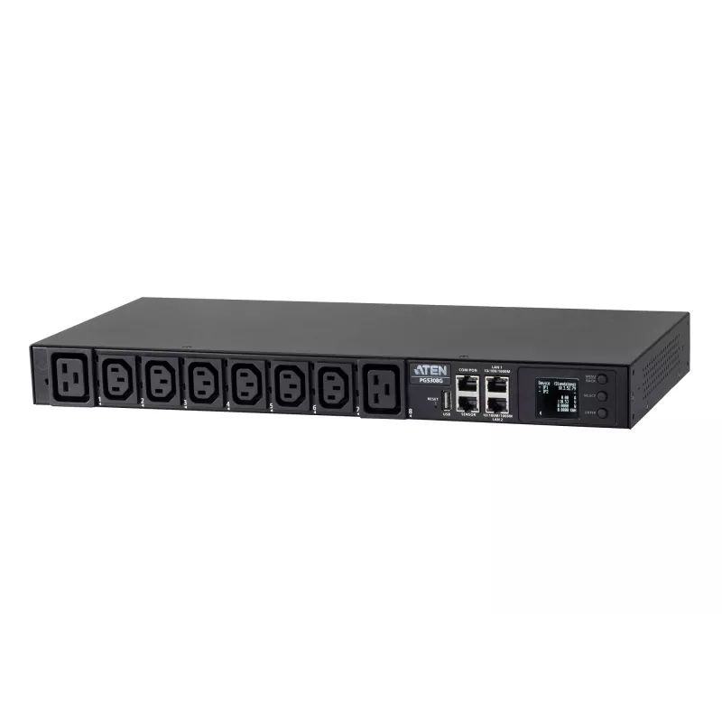ATEN 32A 8-fach 1HE Metered eco PDU, Metered, 1HE, Schwarz, LCD, 8 AC-Ausgänge, C13-Kupplung, C19-Kupplung
