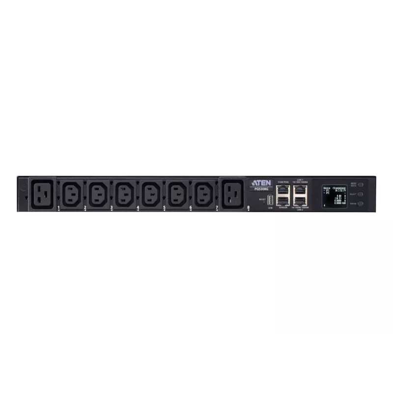 ATEN 32A 8-fach 1HE Metered eco PDU, Metered, 1HE, Schwarz, LCD, 8 AC-Ausgänge, C13-Kupplung, C19-Kupplung