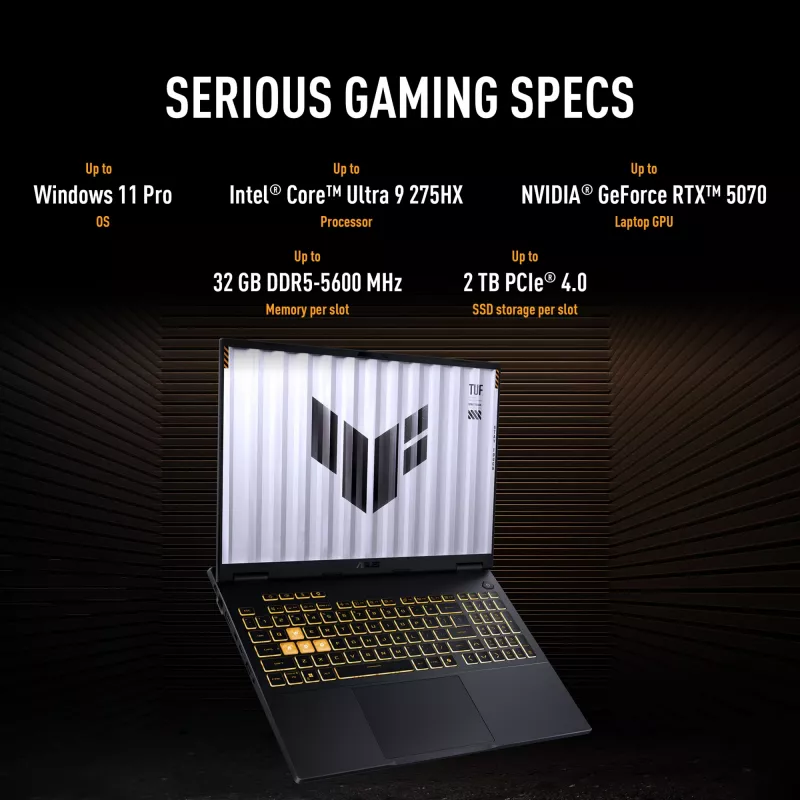 ASUS TUF Gaming F16 FX608JPR-QT014W Intel® Core™ i7 i7-14650HX Laptop 40,6 cm (16 Zoll) WQXGA 32 GB DDR5-SDRAM 1 TB SSD NVIDIA GeForce RTX 5070 Wi-Fi 6E (802.11ax) Windows 11 Home Niederländisch Schwarz, Grau