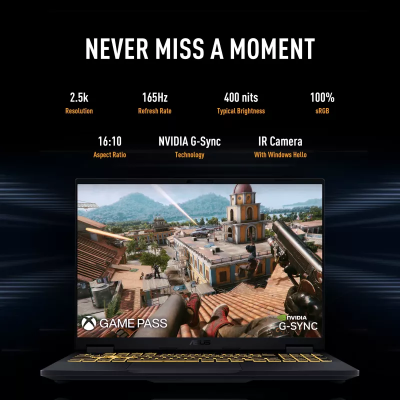 ASUS TUF Gaming F16 FX608JPR-QT014W Intel® Core™ i7 i7-14650HX Laptop 40,6 cm (16 Zoll) WQXGA 32 GB DDR5-SDRAM 1 TB SSD NVIDIA GeForce RTX 5070 Wi-Fi 6E (802.11ax) Windows 11 Home Niederländisch Schwarz, Grau