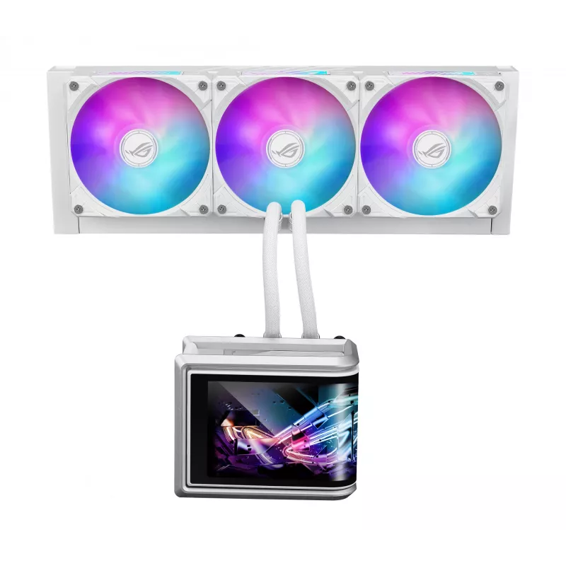 All-in-one-Flüssigkeitskühler ASUS ROG Ryuo IV SLC 360 ARGB White Edition — 360-mm-Radiator, 3×120-mm-Lüfter, AMOLED-Anzeige, Unterstützung für LGA 1700