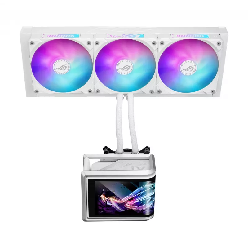 All-in-one-Flüssigkeitskühler ASUS ROG Ryuo IV SLC 360 ARGB White Edition — 360-mm-Radiator, 3×120-mm-Lüfter, AMOLED-Anzeige, Unterstützung für LGA 1700