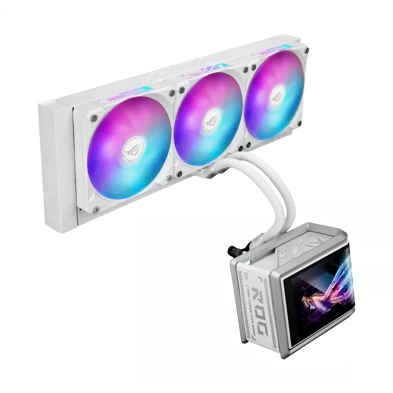 All-in-one-Flüssigkeitskühler ASUS ROG Ryuo IV SLC 360 ARGB White Edition — 360-mm-Radiator, 3×120-mm-Lüfter, AMOLED-Anzeige, Unterstützung für LGA 1700