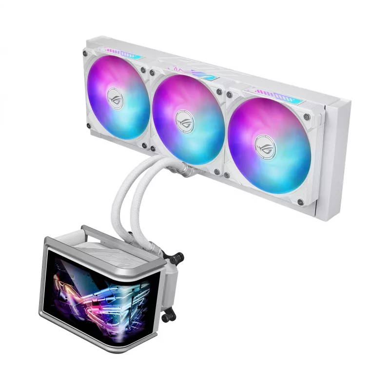 All-in-one-Flüssigkeitskühler ASUS ROG Ryuo IV SLC 360 ARGB White Edition — 360-mm-Radiator, 3×120-mm-Lüfter, AMOLED-Anzeige, Unterstützung für LGA 1700